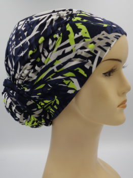 Granatowy drapowany turban w kolorowe wzory
