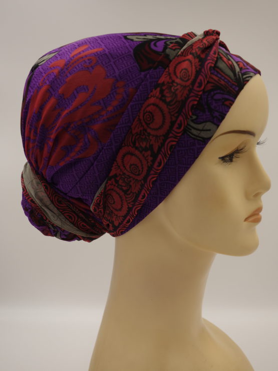 Fioletowo - czerwony jedwabny turban z dekoracją